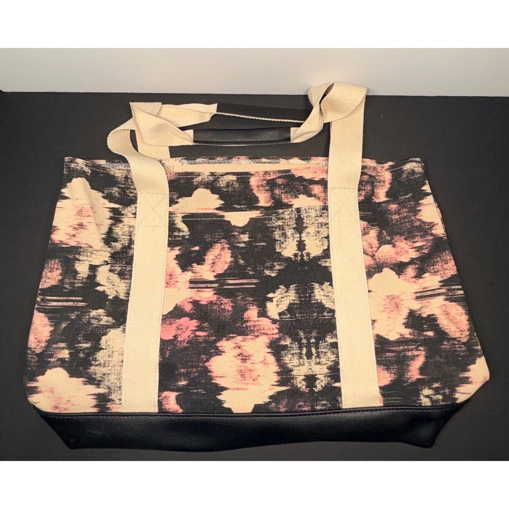 Avon Canvas Tote Bag Pink Black Ikat Floral Print